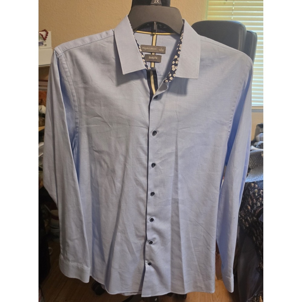 Angelo Litrico Body Fit Mens Button Up Shirt Blue Stretch Contrast Cuff Large